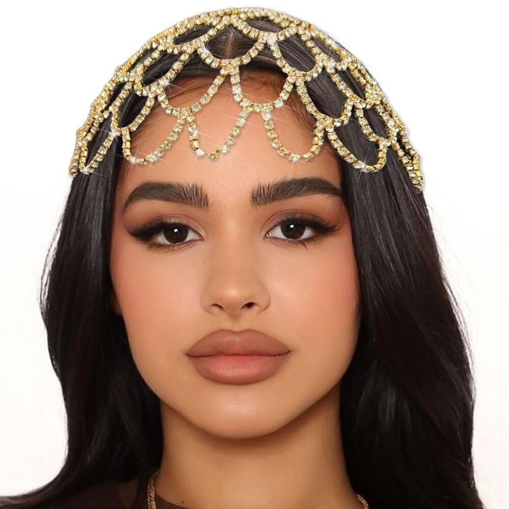 Gold Crystal Rhinestone Headpieces Caps Vintage 1920s Mesh Flapper Headband Chai